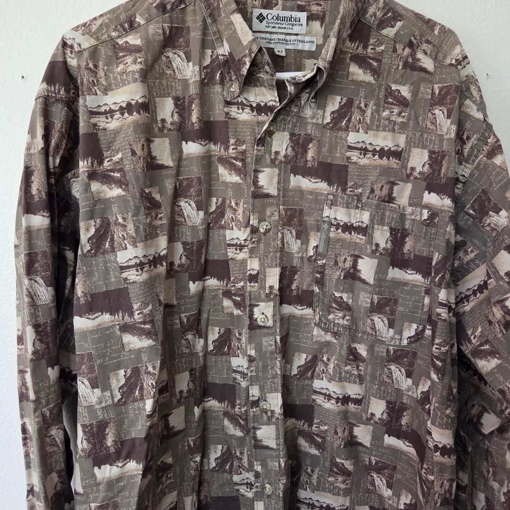 Vintage Columbia Sportswear Shirt Brown Mountain Nature Postcard Print 90's XLT